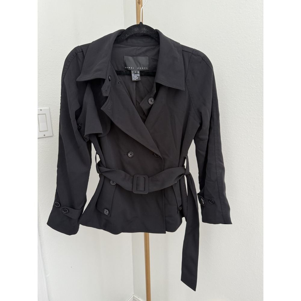 Yansi Fugel Black Microfiber Tailored Double Breasted Button‎ Jacket Belt SZ 2